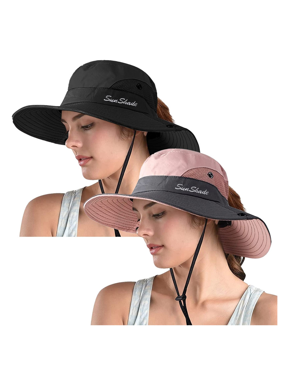 Women's Ponytail Safari Sun Hat,Wide Brim UV | Black, Pink | Size 6 3/4-6 7/8